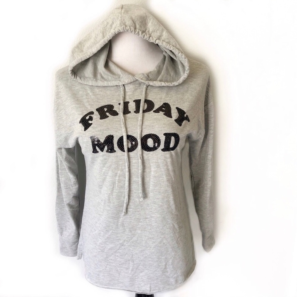 Sequins Hoodie FRIDAY MOOD REBELLIOUS ONE Hoodie Relaxed Fit Top Gray Bl… - Picture 2 of 10